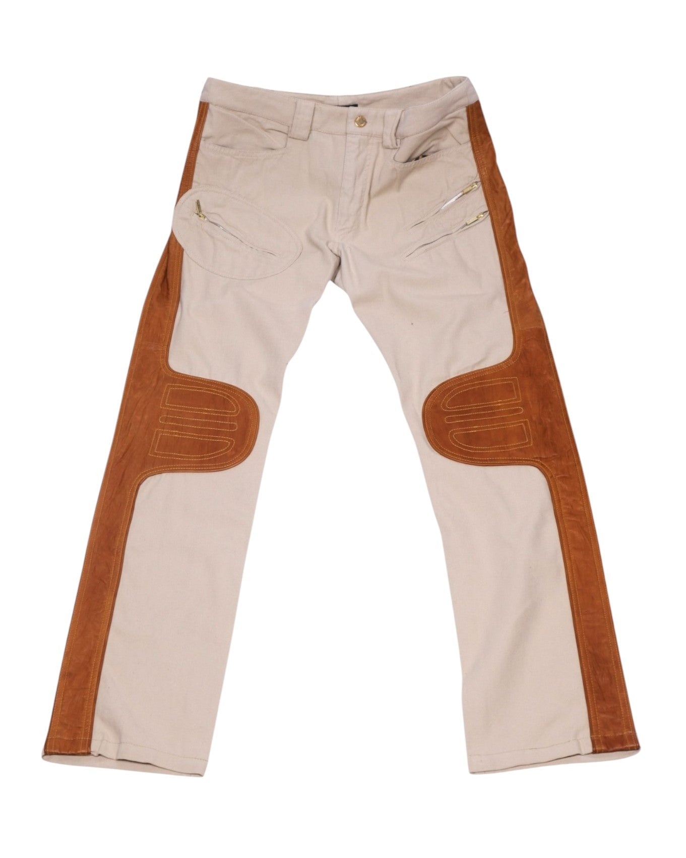 A pair of beige Roberto Cavalli pants with brown suede patches on the knees and Beige straight-leg trousers with wide tan leather panels down the sides and curved knee patches, belt loops, and small front zip pockets. Smooth woven fabric; designer, second-hand, rare statement pants.
