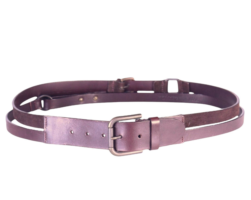 Dolce & Gabbana deep purple/plum/eggplant leather double-strap belt; slim layered straps with adjustable twin buckles; brushed silver-tone hardware; unisex fit; great with denim, dresses, tailoring, streetwear; style tags: Italian luxury, runway, Y2K, edgy, modern; brand context: Italian heritage fashion house, crafted design, rare vintage.