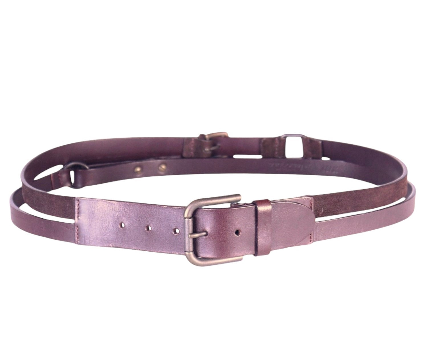 Dolce & Gabbana deep purple/plum/eggplant leather double-strap belt; slim layered straps with adjustable twin buckles; brushed silver-tone hardware; unisex fit; great with denim, dresses, tailoring, streetwear; style tags: Italian luxury, runway, Y2K, edgy, modern; brand context: Italian heritage fashion house, crafted design, rare vintage.