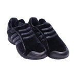 A pair of Yohji Yamamoto 2002 adidas black velvet sneakers against a white background. Yohji Yamamoto x adidas 2002 black velvet sneakers with tonal Three Stripes, rubber toe/heel guards, and laceless slip-on design.