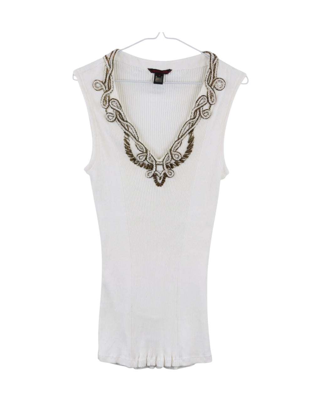 White sleeveless top with decorative brown patterns on a white background. Roberto Cavalli white/ivory ribbed jersey sleeveless top/tank/shell; deep V-neck with metallic gold-tone baroque embroidery, subtle beaded trim; soft stretch knit, slim fit; perfect with jeans, skirts or tailoring, resort to night-out; glam/boho/Y2K/Italian baroque; Italian luxury house craftsmanship, vintage rare piece.
