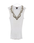 White sleeveless top with decorative brown patterns on a white background. Roberto Cavalli white/ivory ribbed jersey sleeveless top/tank/shell; deep V-neck with metallic gold-tone baroque embroidery, subtle beaded trim; soft stretch knit, slim fit; perfect with jeans, skirts or tailoring, resort to night-out; glam/boho/Y2K/Italian baroque; Italian luxury house craftsmanship, vintage rare piece.