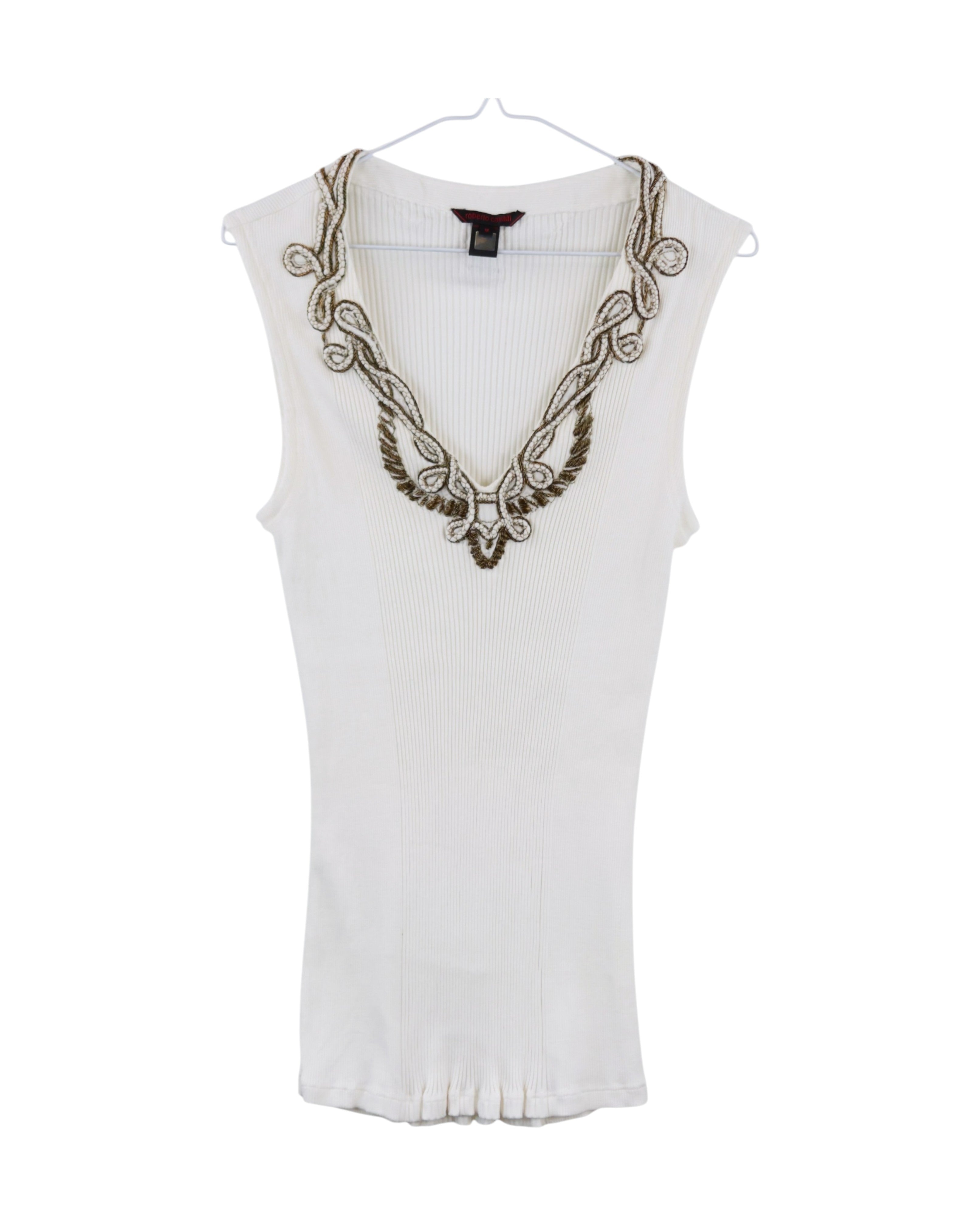 White sleeveless top with decorative brown patterns on a white background. Roberto Cavalli white/ivory ribbed jersey sleeveless top/tank/shell; deep V-neck with metallic gold-tone baroque embroidery, subtle beaded trim; soft stretch knit, slim fit; perfect with jeans, skirts or tailoring, resort to night-out; glam/boho/Y2K/Italian baroque; Italian luxury house craftsmanship, vintage rare piece.