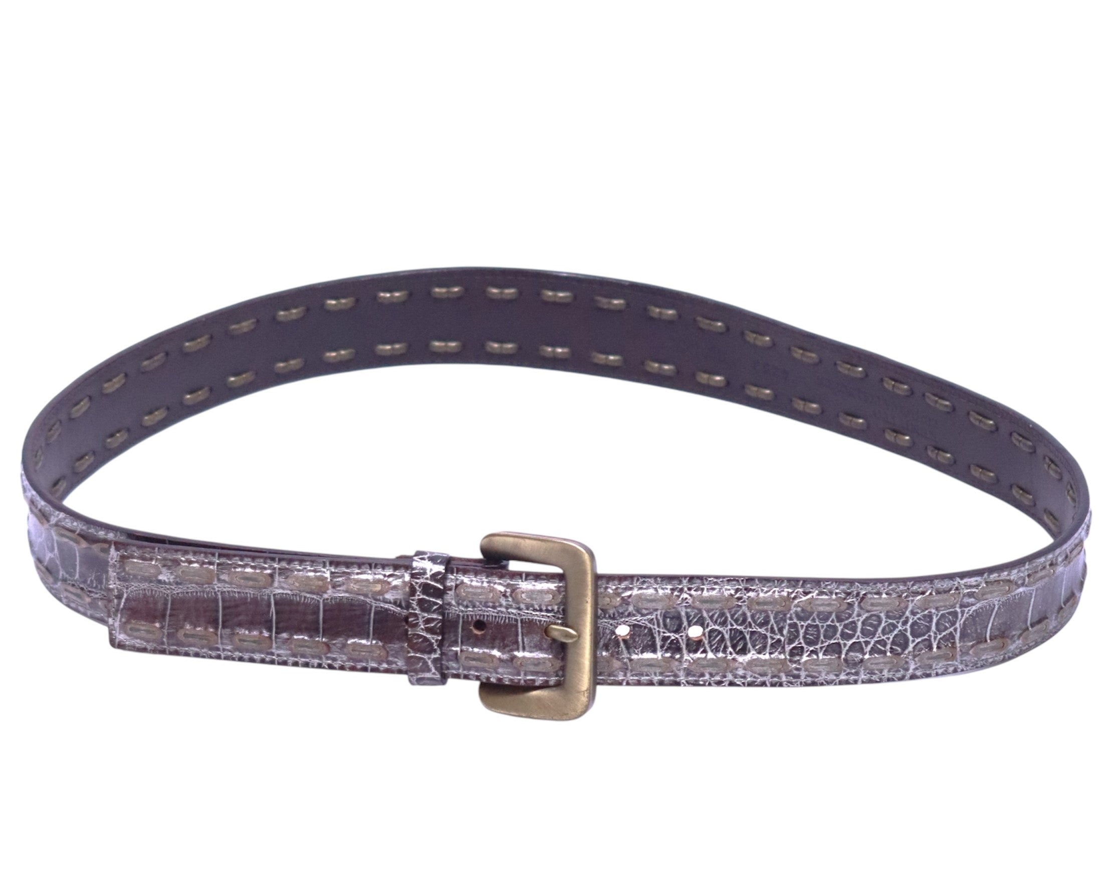 A brown leather belt with a crocodile texture and a brass buckle, from the Kenji Ito Comme ca collection. Kenji Ito Comme Ça Collection brown leather belt, crocodile-embossed / croc-effect / reptile texture; slim waist strap with single keeper; antique brass buckle and hardware; unisex fit; great with jeans, tailoring or dresses; style tags: sleek, minimalist, smart casual, streetwear; Japanese design heritage, quality craft, rare vintage.
