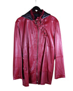 Gianfranco Ferré (Ferre) dark-red/burgundy/oxblood leather hooded jacket — Italian luxury house from Milan; soft smooth leather, zip-front closure, lace-up corset detail at chest, drawstring hood with contrasting black leather trim, long sleeves, underarm perforation vents, vertical hand pockets, paneled construction, straight hem; relaxed-regular fit; unisex designer outerwear, made in Italy, perfect with denim or tailoring.