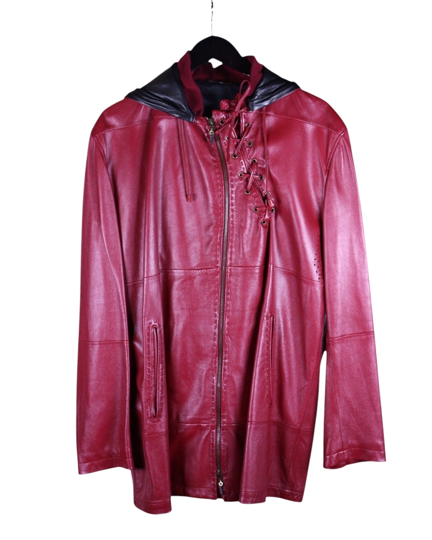 Gianfranco Ferré (Ferre) dark-red/burgundy/oxblood leather hooded jacket — Italian luxury house from Milan; soft smooth leather, zip-front closure, lace-up corset detail at chest, drawstring hood with contrasting black leather trim, long sleeves, underarm perforation vents, vertical hand pockets, paneled construction, straight hem; relaxed-regular fit; unisex designer outerwear, made in Italy, perfect with denim or tailoring.