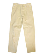 Classic straight-leg trousers in pale yellow-beige with a flat front and smooth woven finish. Belt loops, side pockets, concealed fly and multiple waist buttons; designer, vintage-inspired, second-hand. paul smith yellow pants