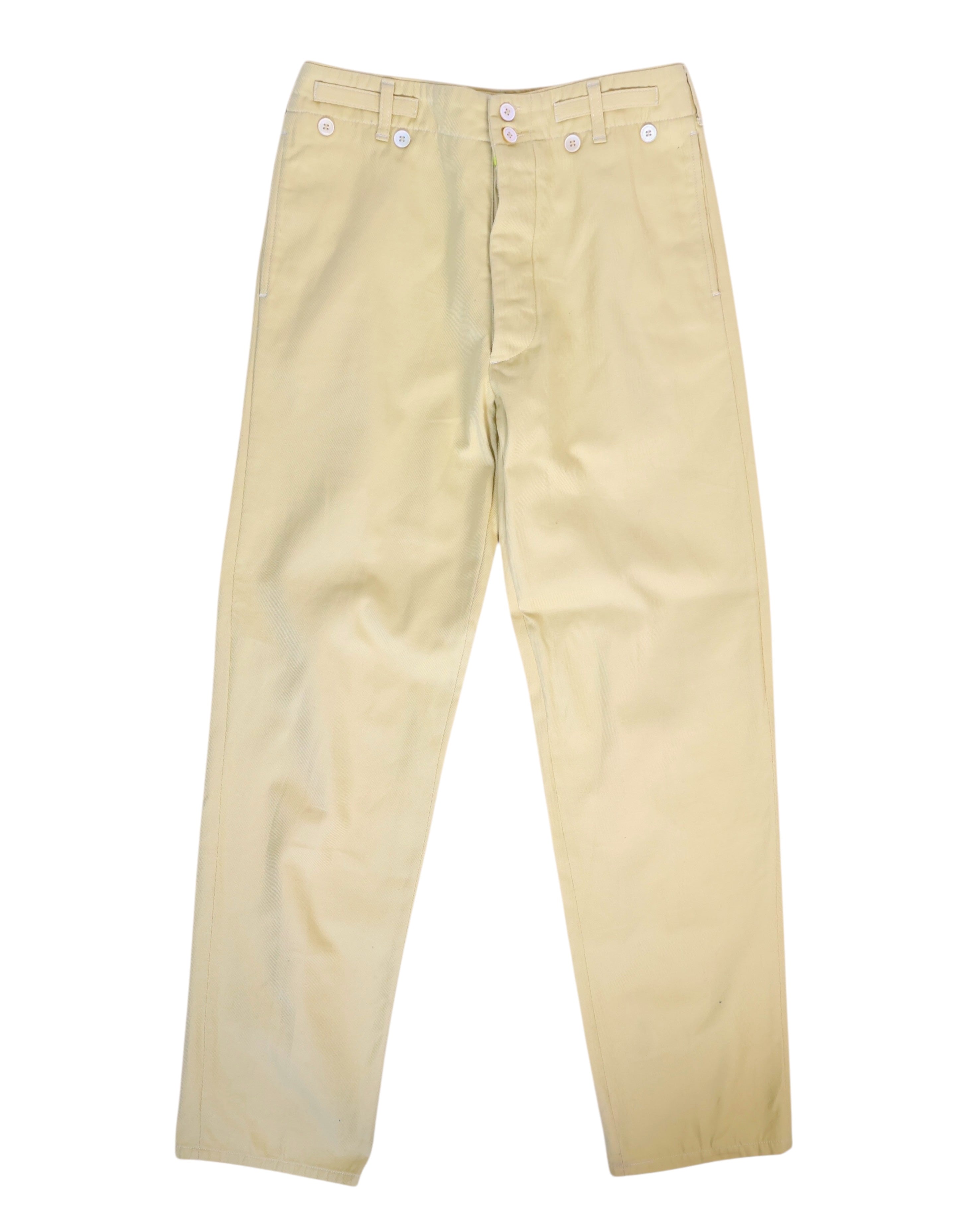 Classic straight-leg trousers in pale yellow-beige with a flat front and smooth woven finish. Belt loops, side pockets, concealed fly and multiple waist buttons; designer, vintage-inspired, second-hand. paul smith yellow pants