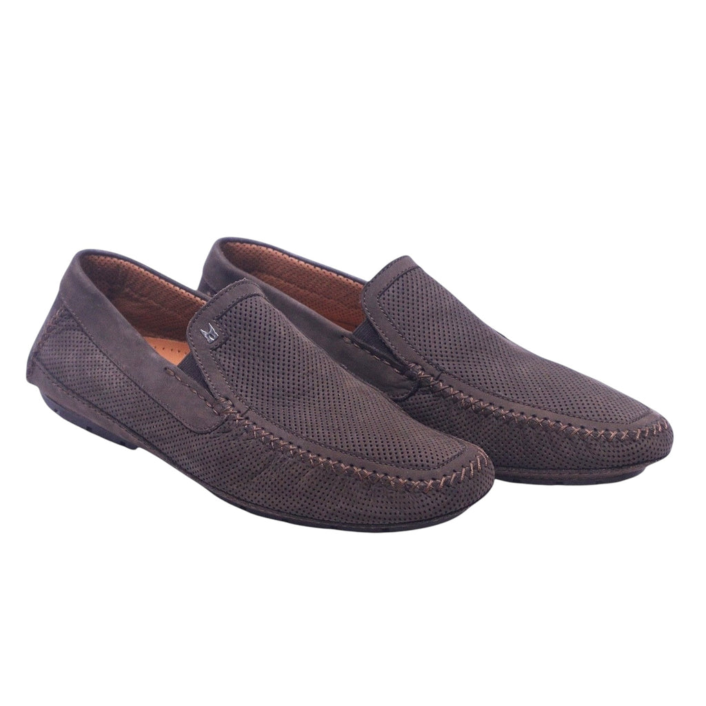 A pair of brown leather slip-on shoes for men. Moreschi brown perforated leather loafers — men’s slip-on driving shoes / moccasins, breathable micro-perf upper, hand-stitched moc toe, cushioned insole, rubber sole, Italian luxury casual shoes.