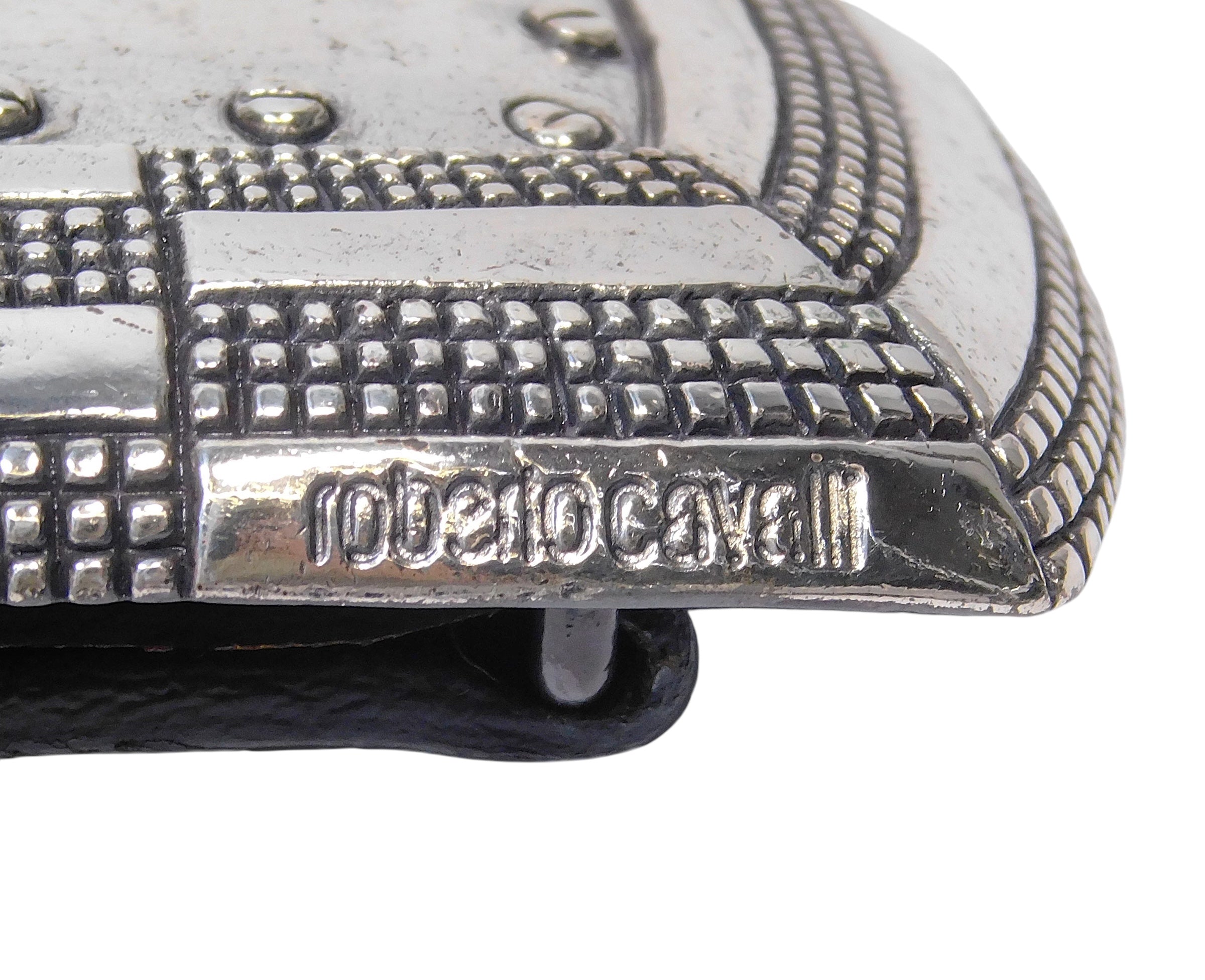 Roberto Cavalli black leather belt with a silver buckle