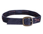 A black leather belt with brown cross-stitch accents and a gold-colored buckle. Dolce & Gabbana (Italian, Milanese luxury house) black genuine leather belt / waist strap / cinture in premium calfskin, textured grain, with brown contrast cross-stitch lacing through slotted panels, artisan hand-laced look, antique-brass oval buckle engraved “Dolce & Gabbana,” adjustable holes; designer/unisex accessory for jeans, chinos, or tailoring—refined, rugged, two-tone stitching, made in Italy.
