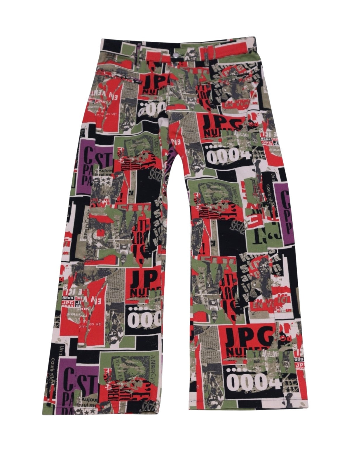 Vintage 1990s Jean Paul Gaultier graphic-print trousers/pants with collage poster, anarchy/punk motif in red, black, olive, purple and white; mid-rise straight-leg with flat waistband and front pockets. Luxury designer statement piece—rare, unique and editorial, laid flat on white.