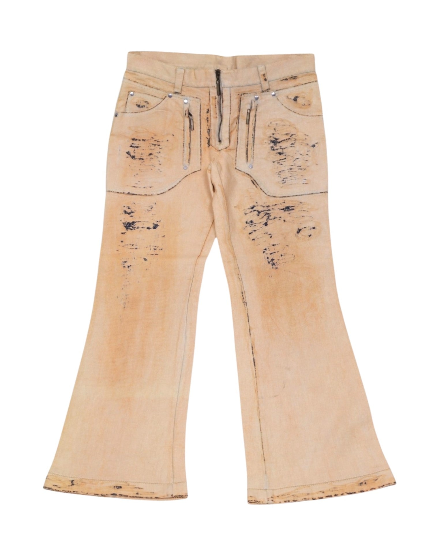 Vintage Just Cavalli beige/tan jeans/trousers in cotton denim with scratch-print, scuffed black marks and distressed finish; mid-rise five-pocket bootcut/flare with belt loops and stitched hems, luxury designer and rare, laid flat on white.