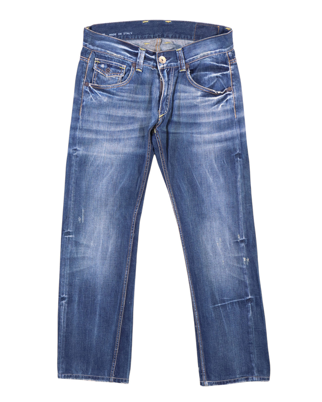 Vintage Ra-re medium-blue jeans/denim trousers with whiskering, fading and light distress marks; mid-rise straight/regular leg, classic five-pocket design with belt loops and button front. Pre-owned high-end designer denim—heritage, rare and unique—laid flat on white.