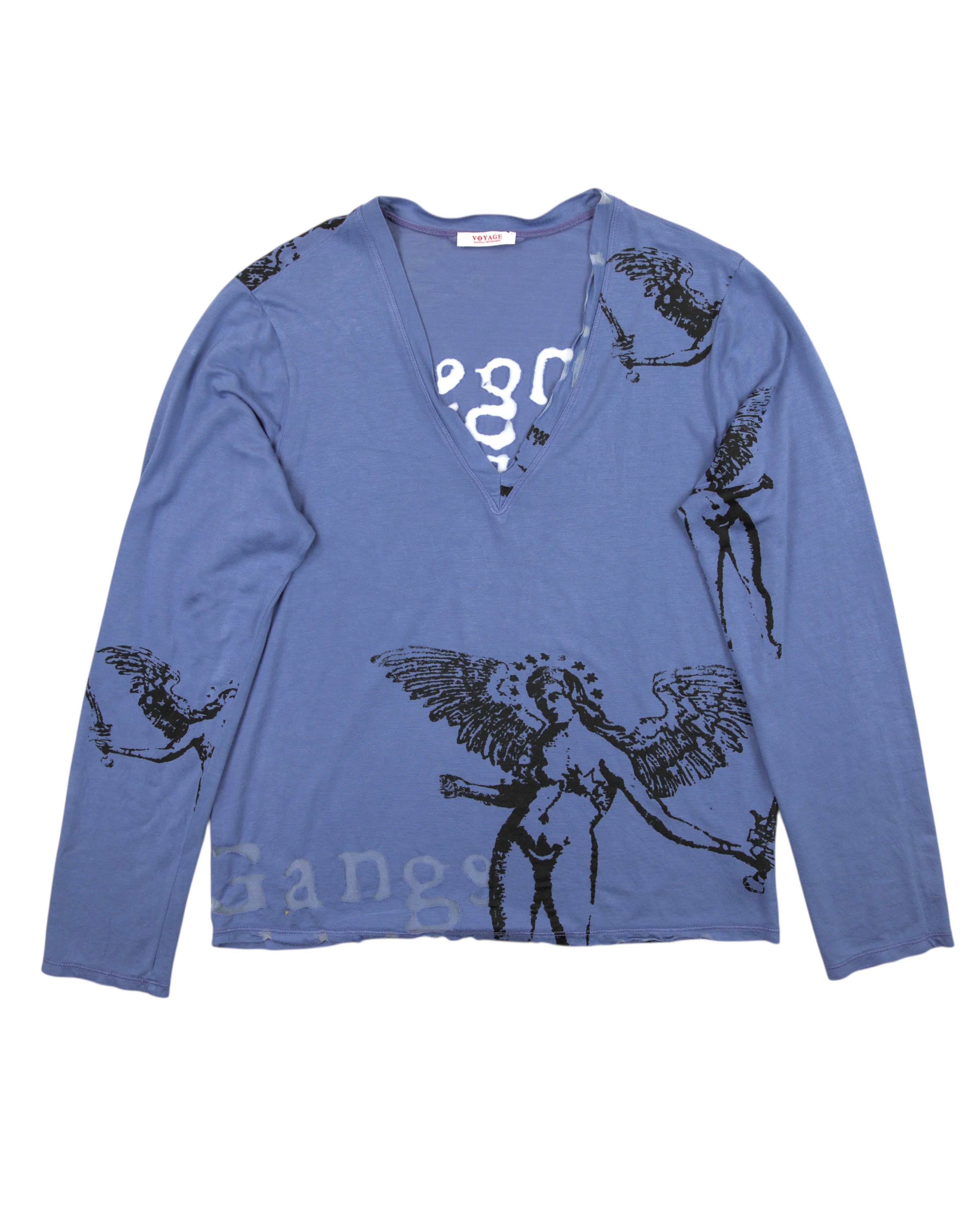 Vintage Voyage Mazzilli & Michielsens long-sleeve T-shirt — European artisanal/cult label; slate blue/indigo cotton jersey with deep raw V-neck, black angel/cherub/winged goddess graphics and faint “Gangs” stencil, faded/washed finish; soft lightweight knit, relaxed/unisex fit; streetwear/grunge/Y2K aesthetic, rare collectible top.