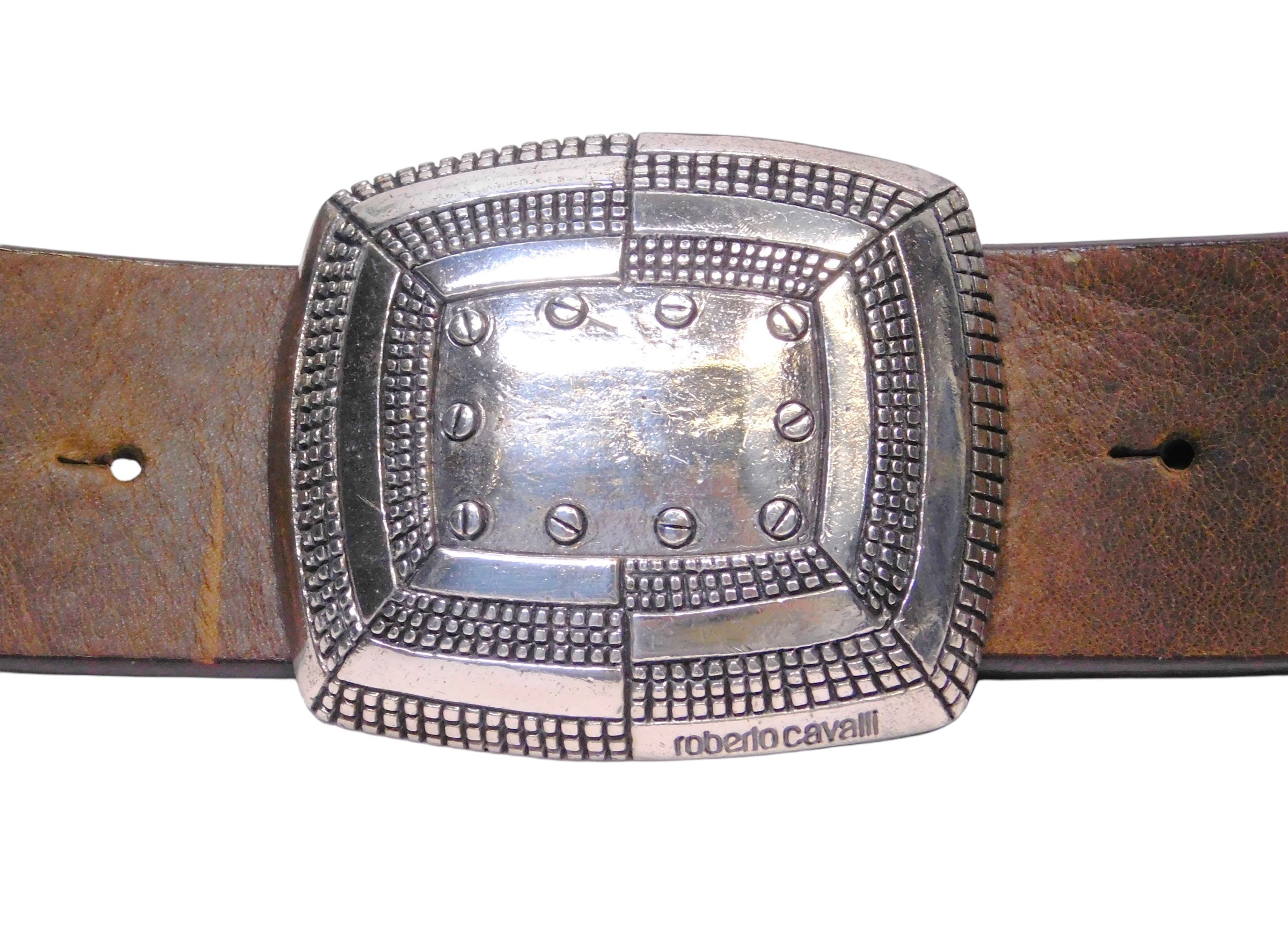Roberto Cavalli brown leather belt with a silver buckle