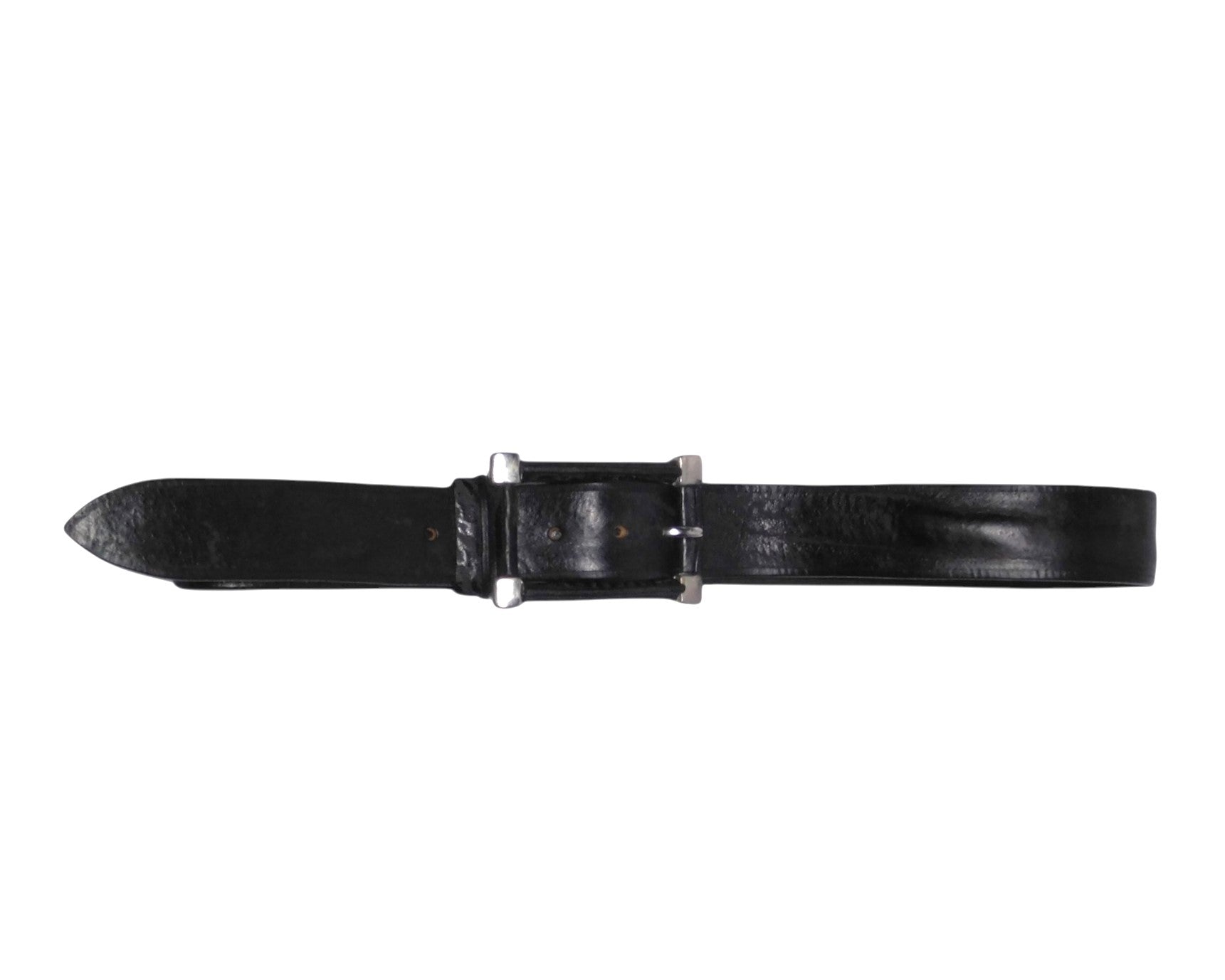 L’Eclaireur black leather belt; French label from Paris known for avant-garde curation and artisanal collaborations; genuine leather/cowhide/calfskin strap in jet-black with natural grain and subtle patina; rectangular leather-covered buckle framed by four silver-tone corner tabs/studs; minimalist yet rugged, adjustable waist strap; luxury designer accessory for jeans, chinos, suits or dresses Parisian craftsmanship, premium quality, collectible vintage piece.