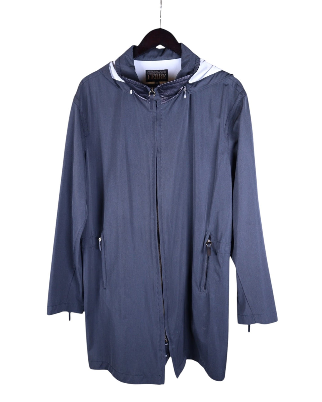 Gianfranco Ferré dark grey/charcoal long leather jacket–coat; hooded parka style with drawstring hood, two-way zip front, zipped hand pockets, longline cut; matte silver hardware; regular fit, unisex; works with denim, tailoring, streetwear; minimalist, urban, techwear, Y2K; brand context: Italian luxury house from Milan, architect-of-fashion heritage; vintage outerwear.