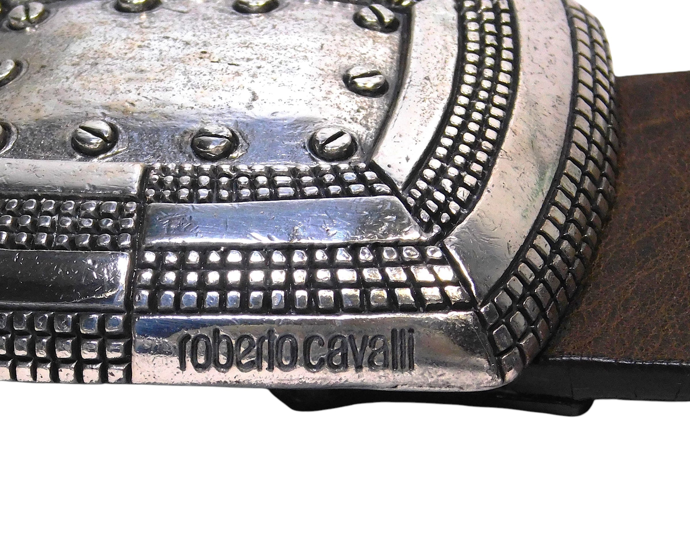 Roberto Cavalli brown leather belt with a silver buckle