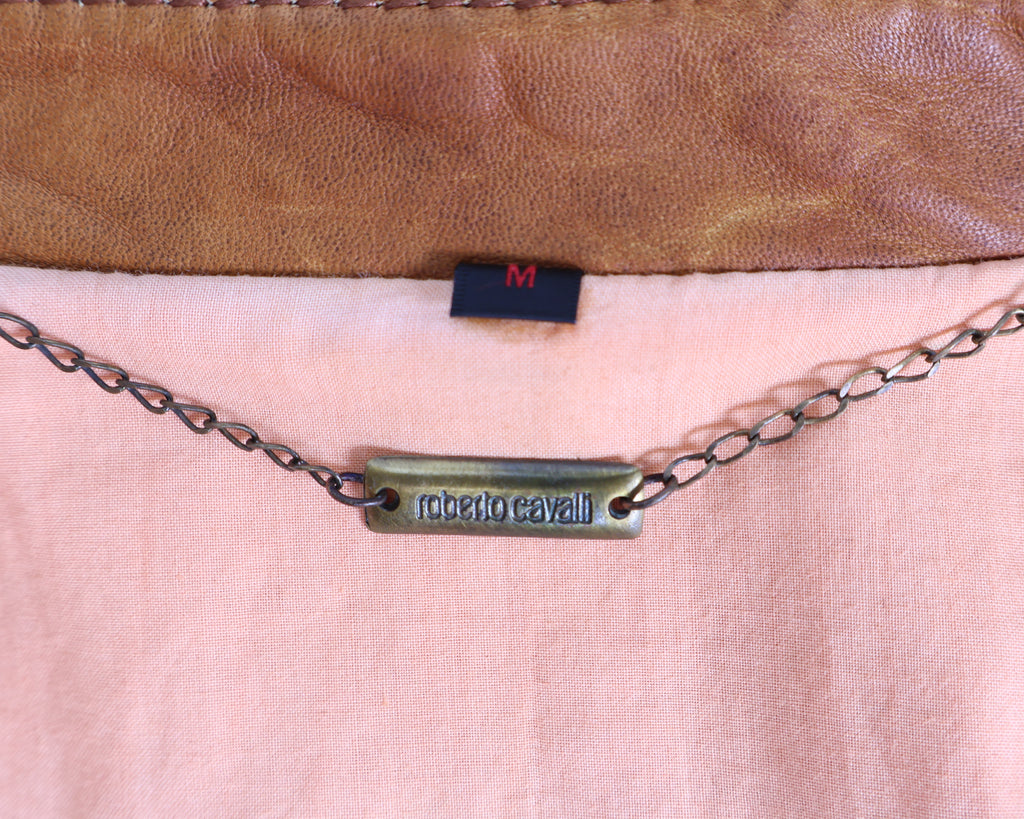 Roberto Cavalli brown leather jacket with embroidery