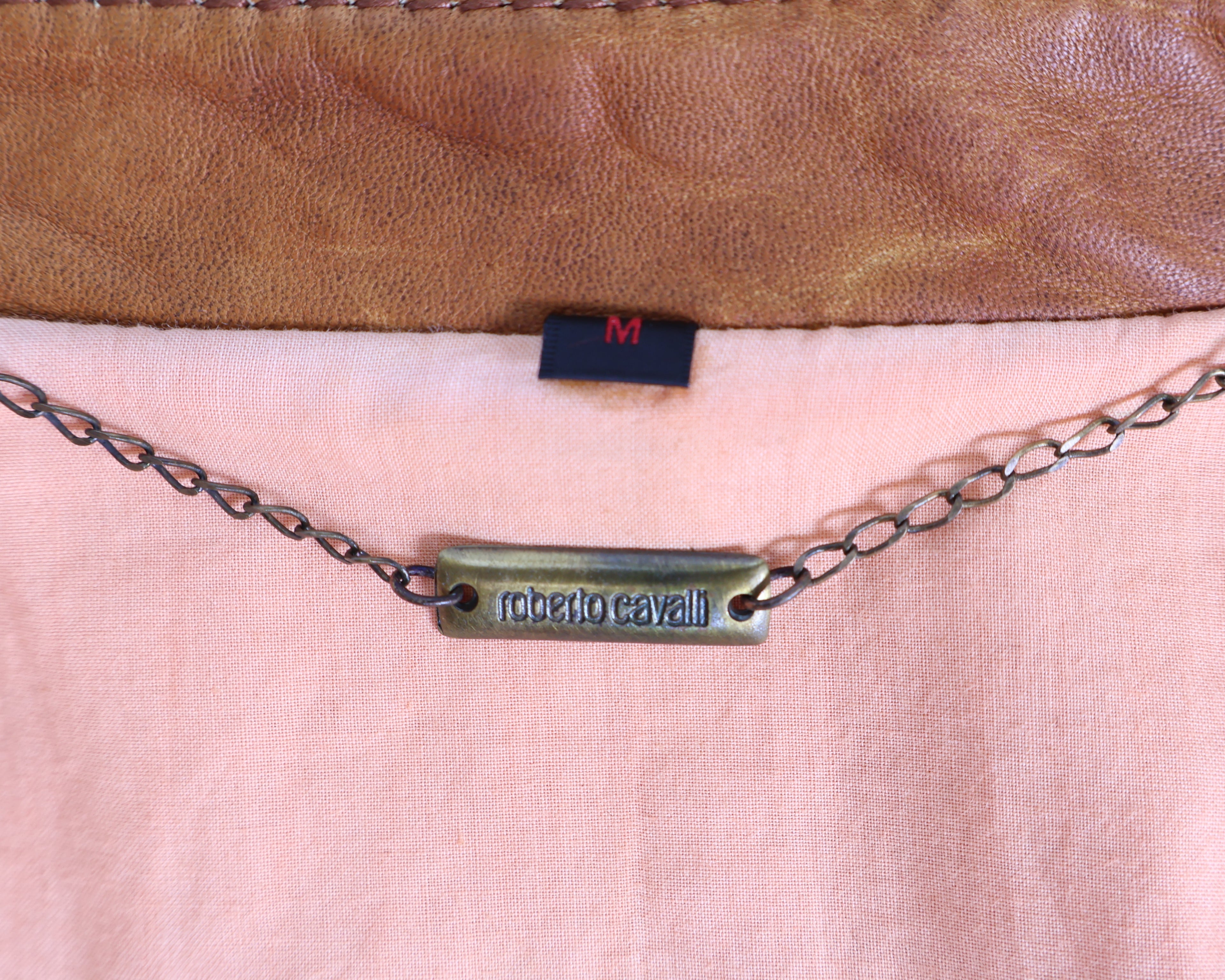 Roberto Cavalli brown leather jacket with embroidery