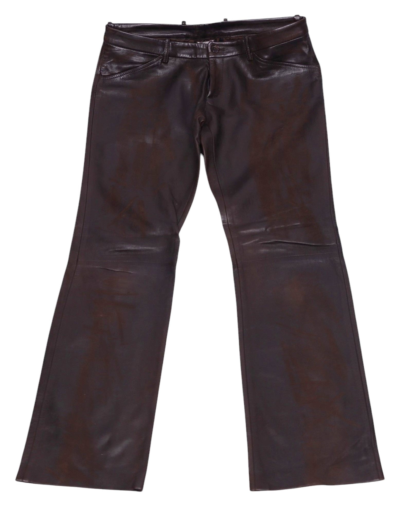 Vintage Dolce & Gabbana  Distressed dark brown leather pants/trousers with a smooth glossy finish, mid-rise straight-to-bootcut leg, jeans-style front pockets, belt loops and button front, subtle knee panel seams and gentle patina. Luxury designer, rare and unique, laid flat on white.