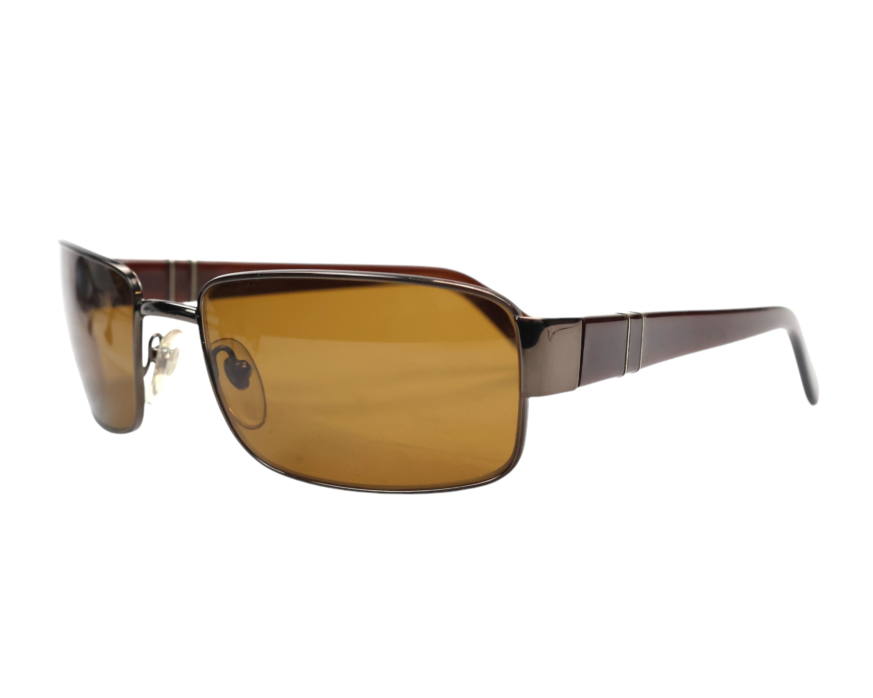 Persol 2230-S brown/amber rectangular sunglasses; gloss brown acetate frame with metal bridge, signature Supreme Arrow hardware and Meflecto flexible temples; adjustable nose pads; unisex fit for driving, tailoring, denim or streetwear; retro/Y2K/classic luxury vibe; Italian heritage eyewear, handmade craft since 1917; rare model, timeless style.