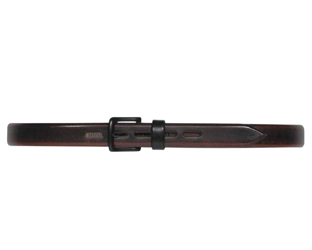 Issey Miyake brown leather belt—Japanese avant-garde design from Tokyo; hand-finished full-grain strap with rich patina, oblong multi-slot holes for adjustable fit, matte black rectangular buckle and keeper, clean minimal silhouette; artisan craftsmanship, durable designer menswear/womenswear accessory; unisex waist belt for jeans, chinos or tailoring; rare collectible fashion piece from iconic Japanese brand known for innovation and material mastery.