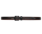 Issey Miyake brown leather belt—Japanese avant-garde design from Tokyo; hand-finished full-grain strap with rich patina, oblong multi-slot holes for adjustable fit, matte black rectangular buckle and keeper, clean minimal silhouette; artisan craftsmanship, durable designer menswear/womenswear accessory; unisex waist belt for jeans, chinos or tailoring; rare collectible fashion piece from iconic Japanese brand known for innovation and material mastery.