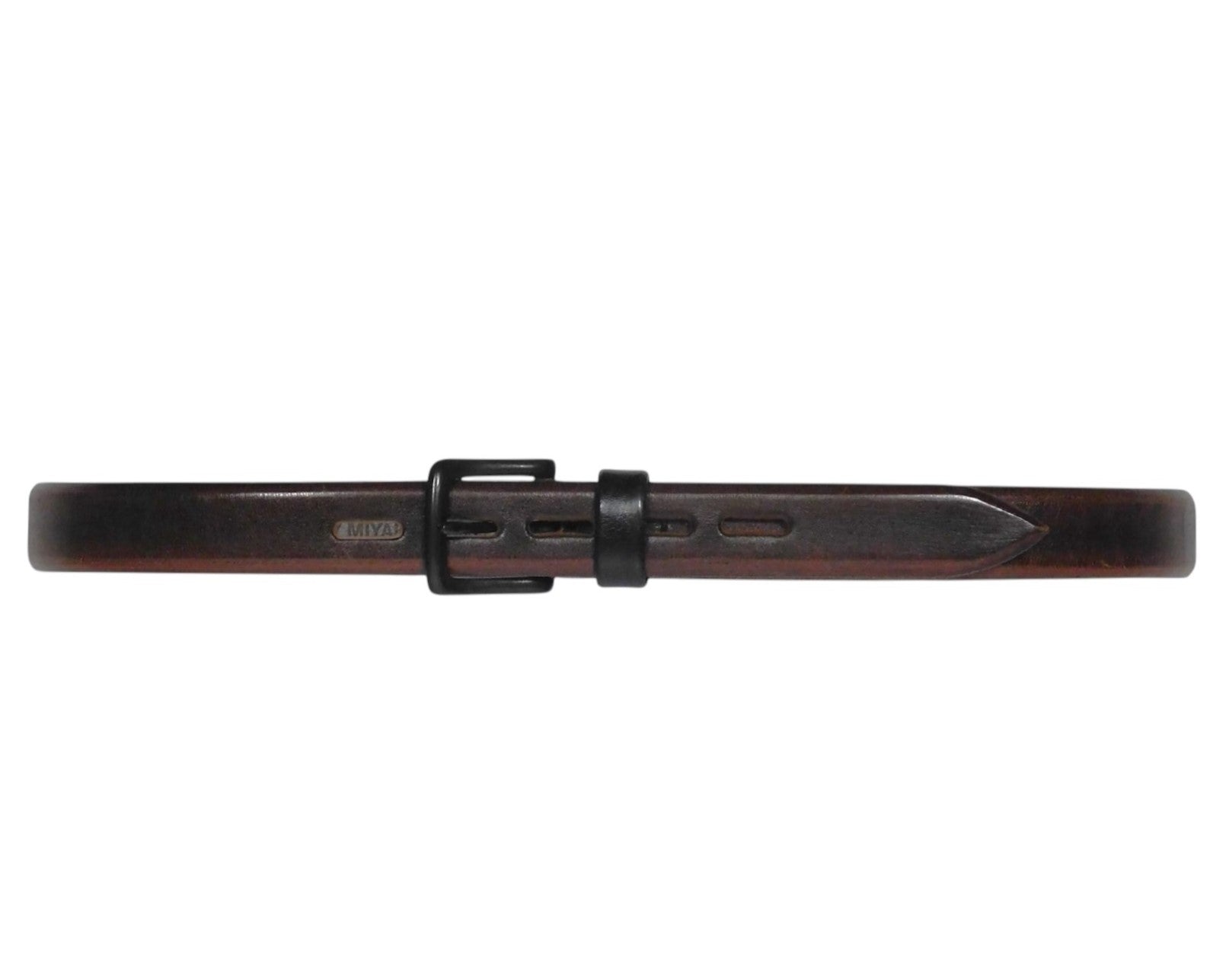 Issey Miyake brown leather belt—Japanese avant-garde design from Tokyo; hand-finished full-grain strap with rich patina, oblong multi-slot holes for adjustable fit, matte black rectangular buckle and keeper, clean minimal silhouette; artisan craftsmanship, durable designer menswear/womenswear accessory; unisex waist belt for jeans, chinos or tailoring; rare collectible fashion piece from iconic Japanese brand known for innovation and material mastery.