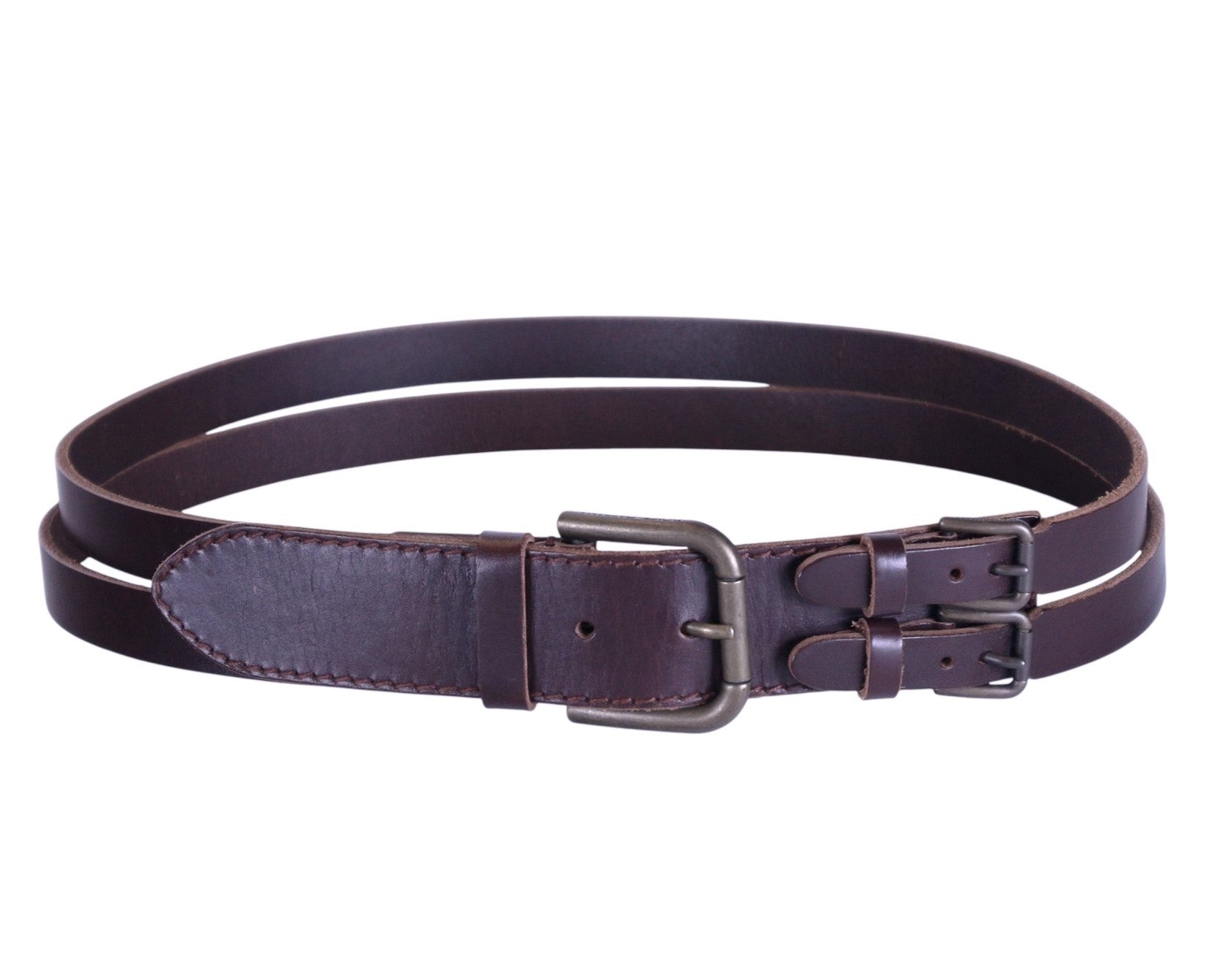 A double strap brown leather belt with a metal buckle, laid out flat on a plain background. Vintage Dolce & Gabbana double-strap brown leather belt—Italian designer accessory; genuine calfskin, twin/two-strap layered design with dual mini buckles and a matte gunmetal main buckle, burnished edges, tonal stitching; classic, luxury, artisan craftsmanship from Italy; unisex waist belt for jeans, trousers, or tailoring; versatile, refined, timeless menswear/womenswear fashion piece.