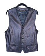 Dolce & Gabbana black leather vest with buttons, collarless, sleeveless, displayed on a hanger. Dolce & Gabbana (D&G) black leather vest / waistcoat / gilet—Made in Italy, genuine smooth calf leather, V-neck with six-button front, tailored darts, welt pockets, satin lining; sleek smart-casual to formal layer with rock-chic edge, Y2K runway vibe; Italian luxury craftsmanship, unisex styling over shirts, tees or under blazers.