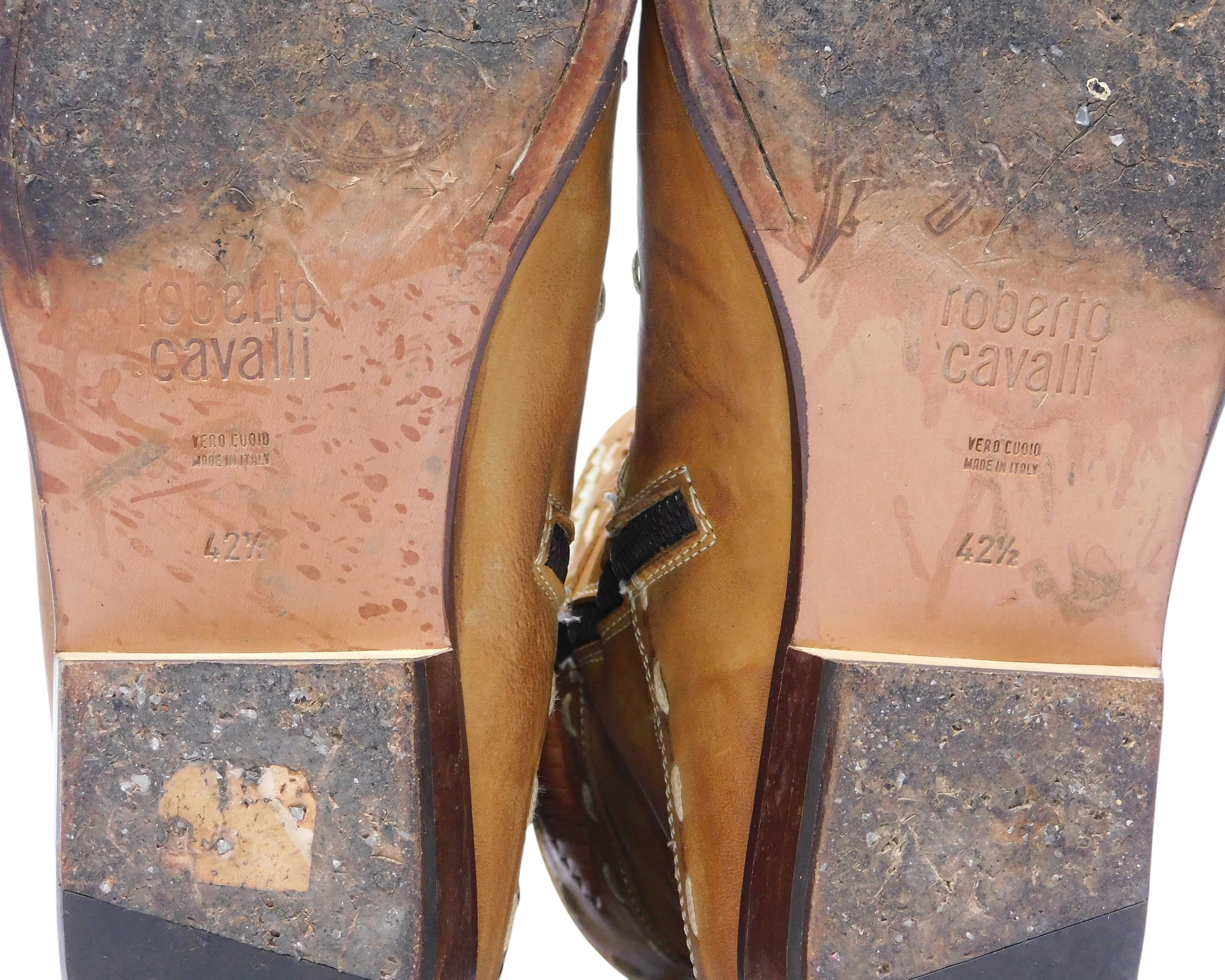 Roberto Cavalli tan beige leather santiag boots with stitching details
