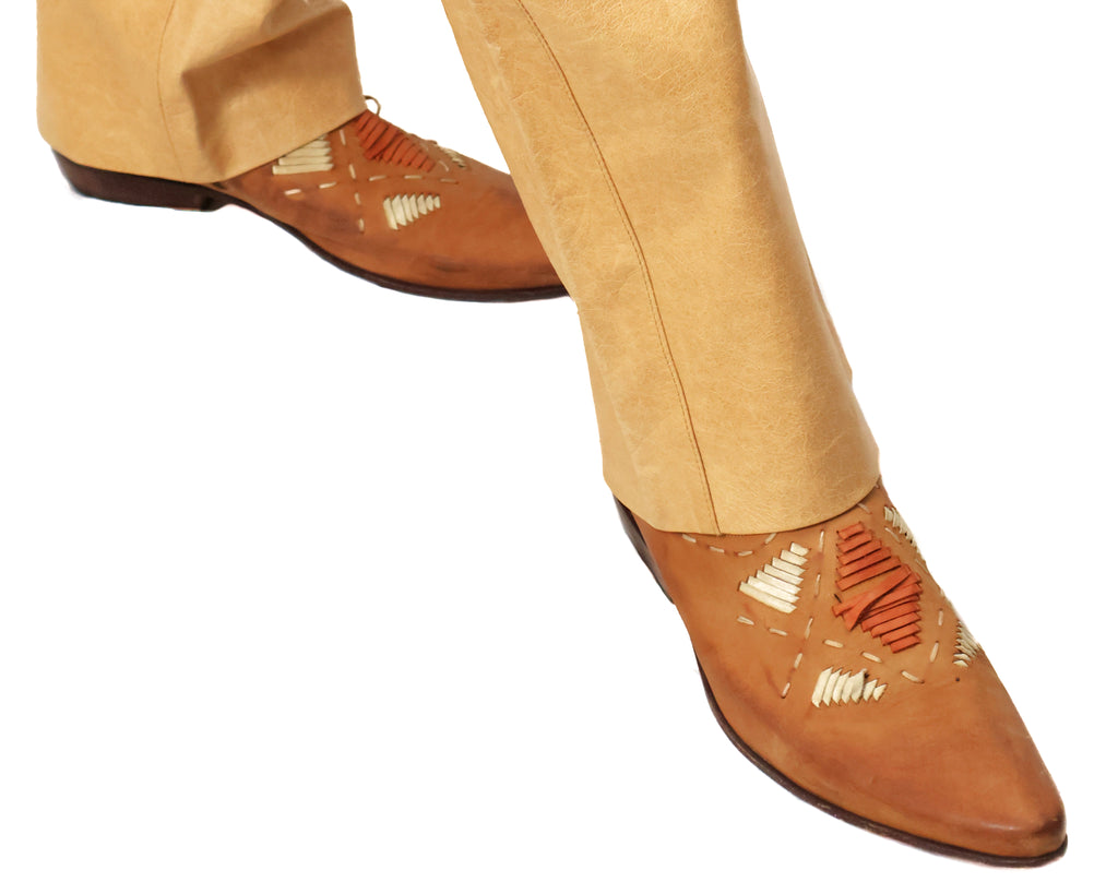 Roberto Cavalli tan beige leather santiag boots with stitching details