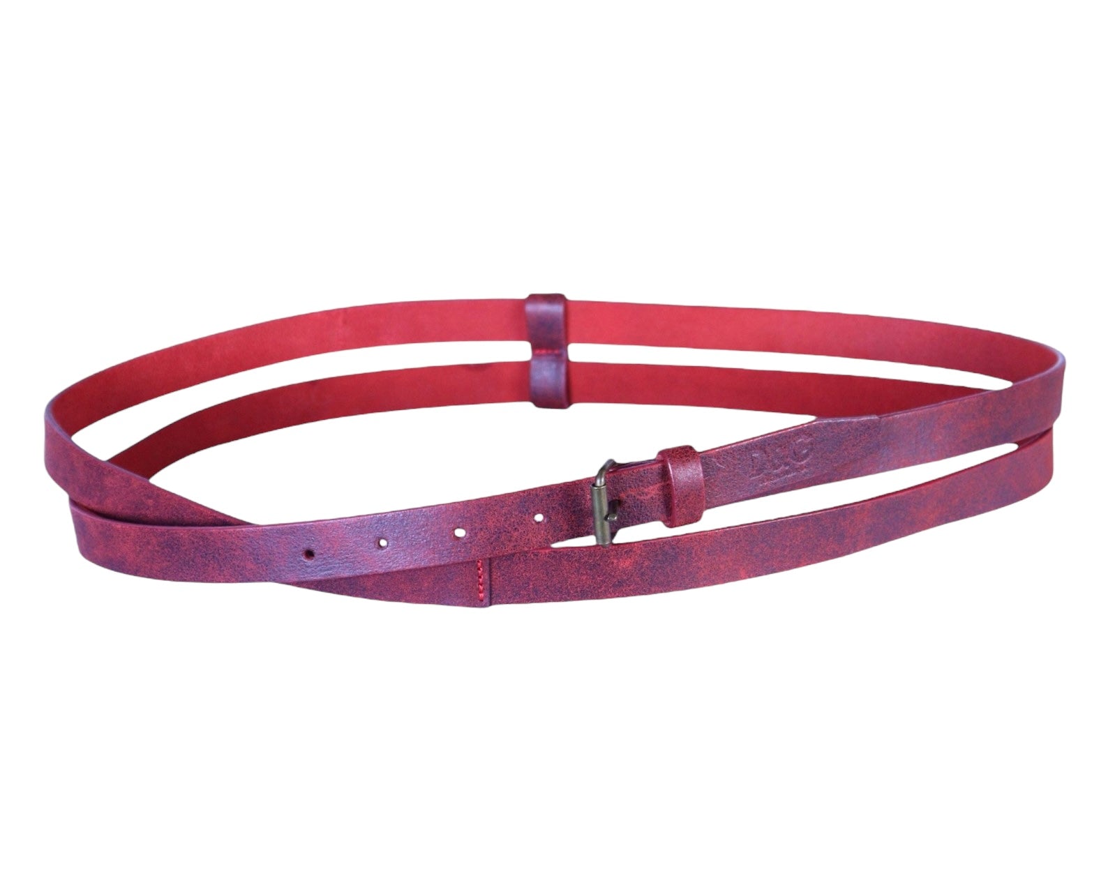 Vintage Dolce & Gabbana double-strap deep red leather belt—Italian designer accessory from the Milan luxury house; rich crimson/burgundy calfskin, two slim layered straps joined by a keeper loop, adjustable holes, antique-brass square buckle, burnished edges and tonal stitching; artisan craftsmanship, premium feel; unisex wrap waist belt for jeans, trousers, dresses or tailoring—versatile, statement, classic yet bold.