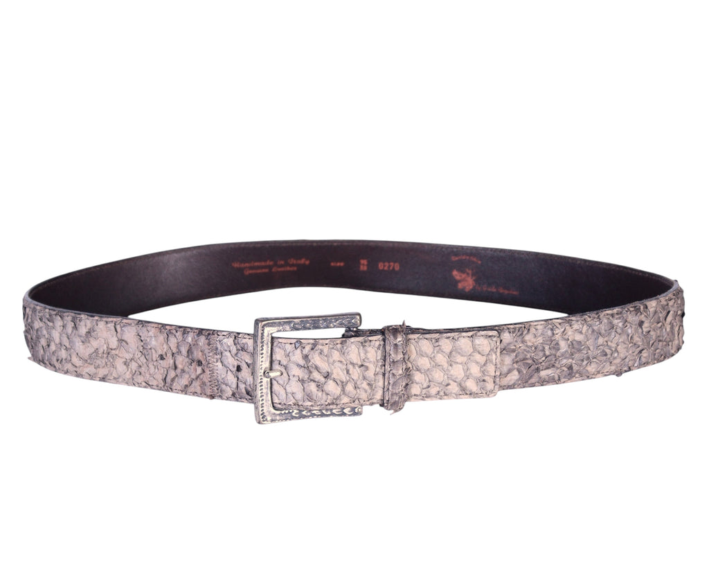 Devil’s Skin by Guido Angeloni grey/taupe textured leather belt; scaled/reptile-effect grain, distressed matte finish; tonal leather-covered square buckle with single prong, adjustable; unisex fit; perfect with jeans, tailoring, rock/western looks; Italian artisan brand, small-batch, rare vintage piece.