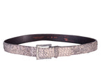 Devil’s Skin by Guido Angeloni grey/taupe textured leather belt; scaled/reptile-effect grain, distressed matte finish; tonal leather-covered square buckle with single prong, adjustable; unisex fit; perfect with jeans, tailoring, rock/western looks; Italian artisan brand, small-batch, rare vintage piece.