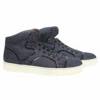 A pair of Lanvin black high-top sneakers with lace-up closure. Lanvin dark indigo/black high-top sneakers with textile upper, leather trim and tonal laces on an off-white rubber cupsole. Clean, minimalist designer pair; vintage and rare.