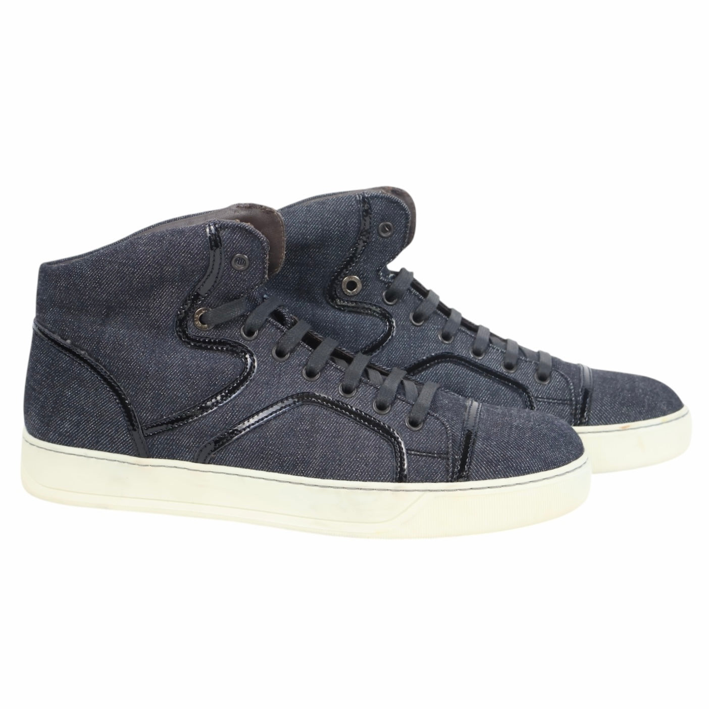 A pair of Lanvin black high-top sneakers with lace-up closure. Lanvin dark indigo/black high-top sneakers with textile upper, leather trim and tonal laces on an off-white rubber cupsole. Clean, minimalist designer pair; vintage and rare.