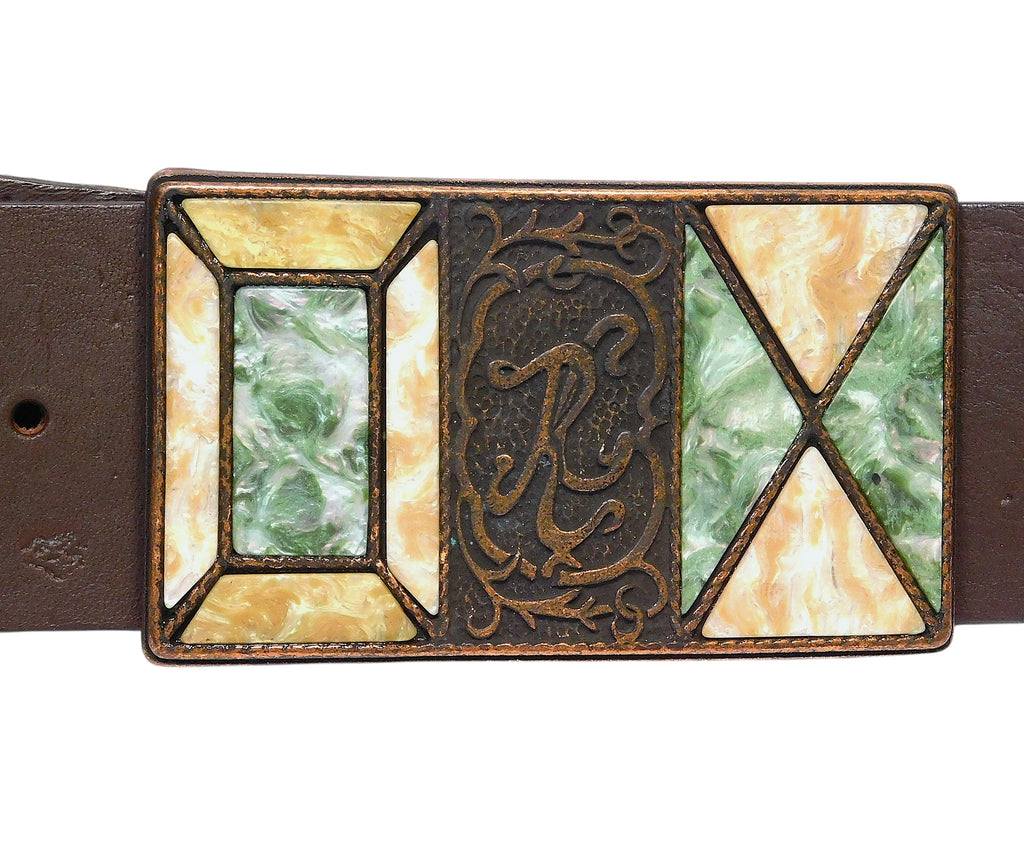 Roberto Cavalli brown leather belt with a mosaic buckle