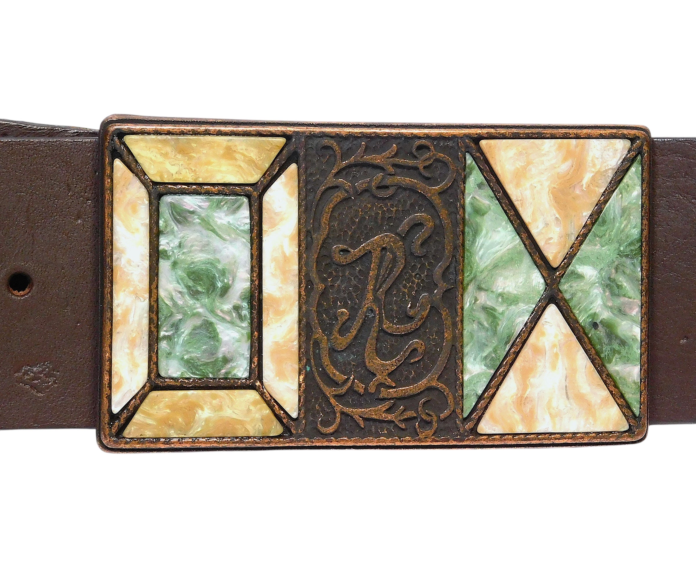 Roberto Cavalli brown leather belt with a mosaic buckle