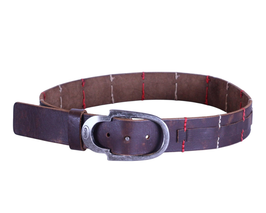 Dolce & Gabbana brown leather belt; rich chestnut strap with contrast red & white hand-style stitching, distressed patina; antiqued silver-tone oval buckle, single-prong; unisex fit; ideal with denim, chinos, tailoring; style tags: Italian luxury, Y2K, rugged, casual; brand context: Italian heritage fashion house.
