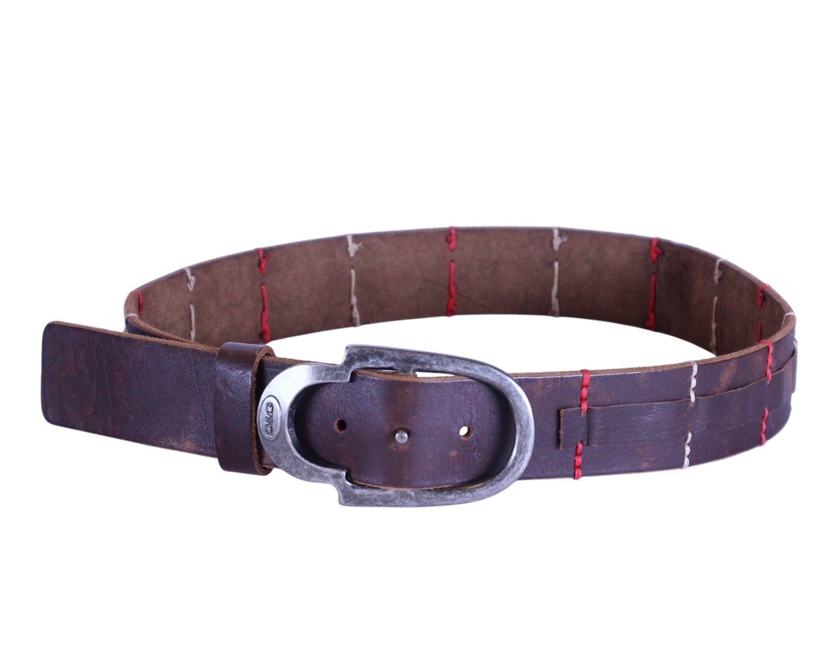 Dolce & Gabbana brown leather belt; rich chestnut strap with contrast red & white hand-style stitching, distressed patina; antiqued silver-tone oval buckle, single-prong; unisex fit; ideal with denim, chinos, tailoring; style tags: Italian luxury, Y2K, rugged, casual; brand context: Italian heritage fashion house.