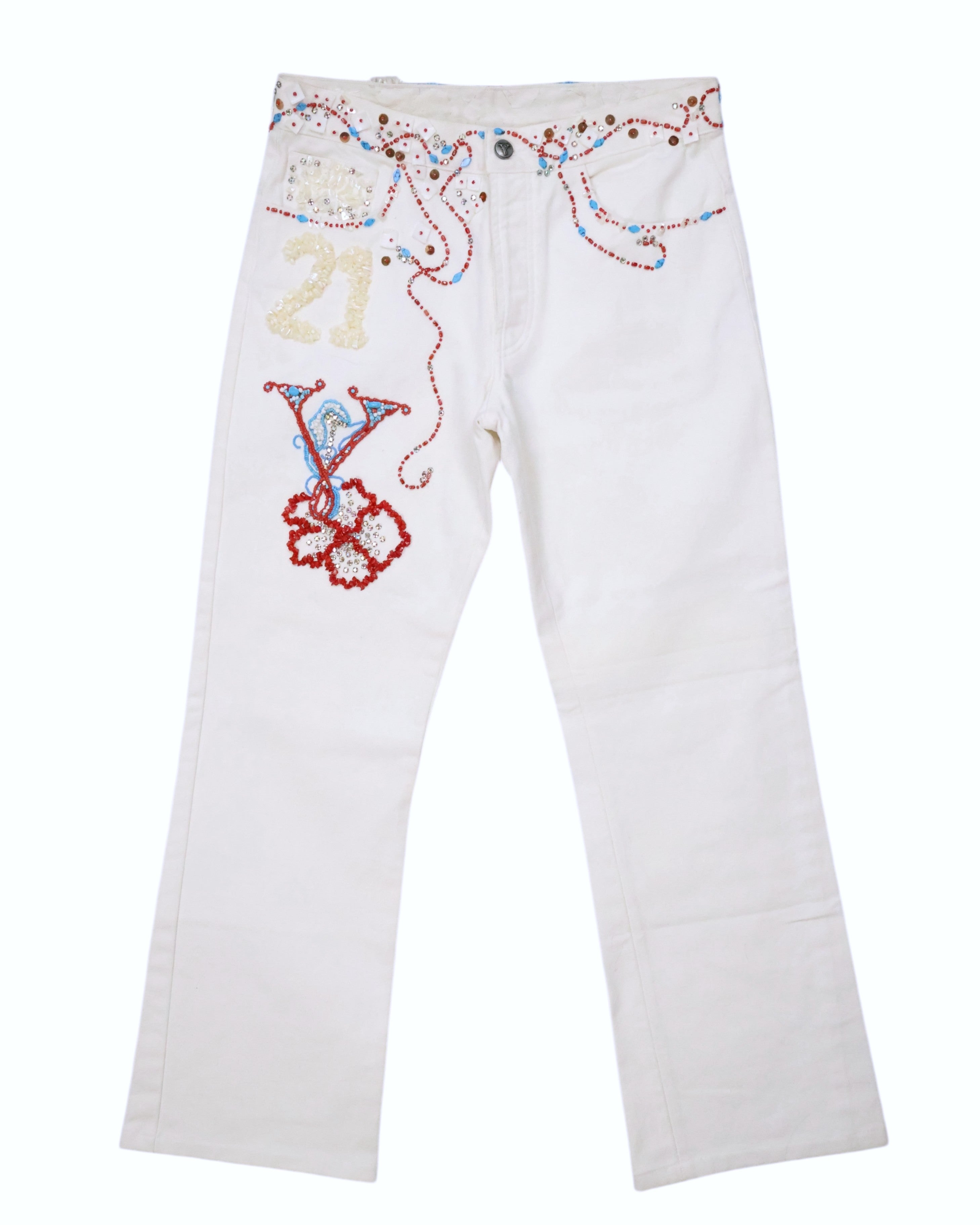 White jeans with colorful stone embroidery, including floral patterns and numbers. Vintage white denim jeans with multicolor stone and bead embroidery across the waistband and front, featuring a “21” and floral initial motif. Straight-leg, five-pocket style with belt loops and front fly; rare designer piece.