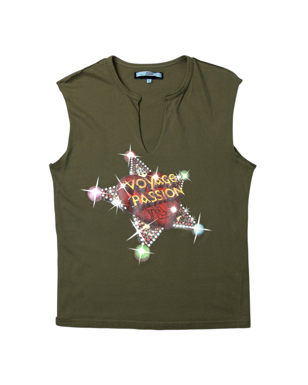 Voyage “Passion” olive/army green cotton tank top; sleeveless tee with notch V-neck, soft jersey, star graphic with jewel-sparkle print, glam motif; relaxed fit, unisex; easy with denim, cargos, mini skirts, under blazers; tags: Y2K, graphic, club, streetwear; European boutique label, collectible archive piece.