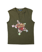 Voyage “Passion” olive/army green cotton tank top; sleeveless tee with notch V-neck, soft jersey, star graphic with jewel-sparkle print, glam motif; relaxed fit, unisex; easy with denim, cargos, mini skirts, under blazers; tags: Y2K, graphic, club, streetwear; European boutique label, collectible archive piece.