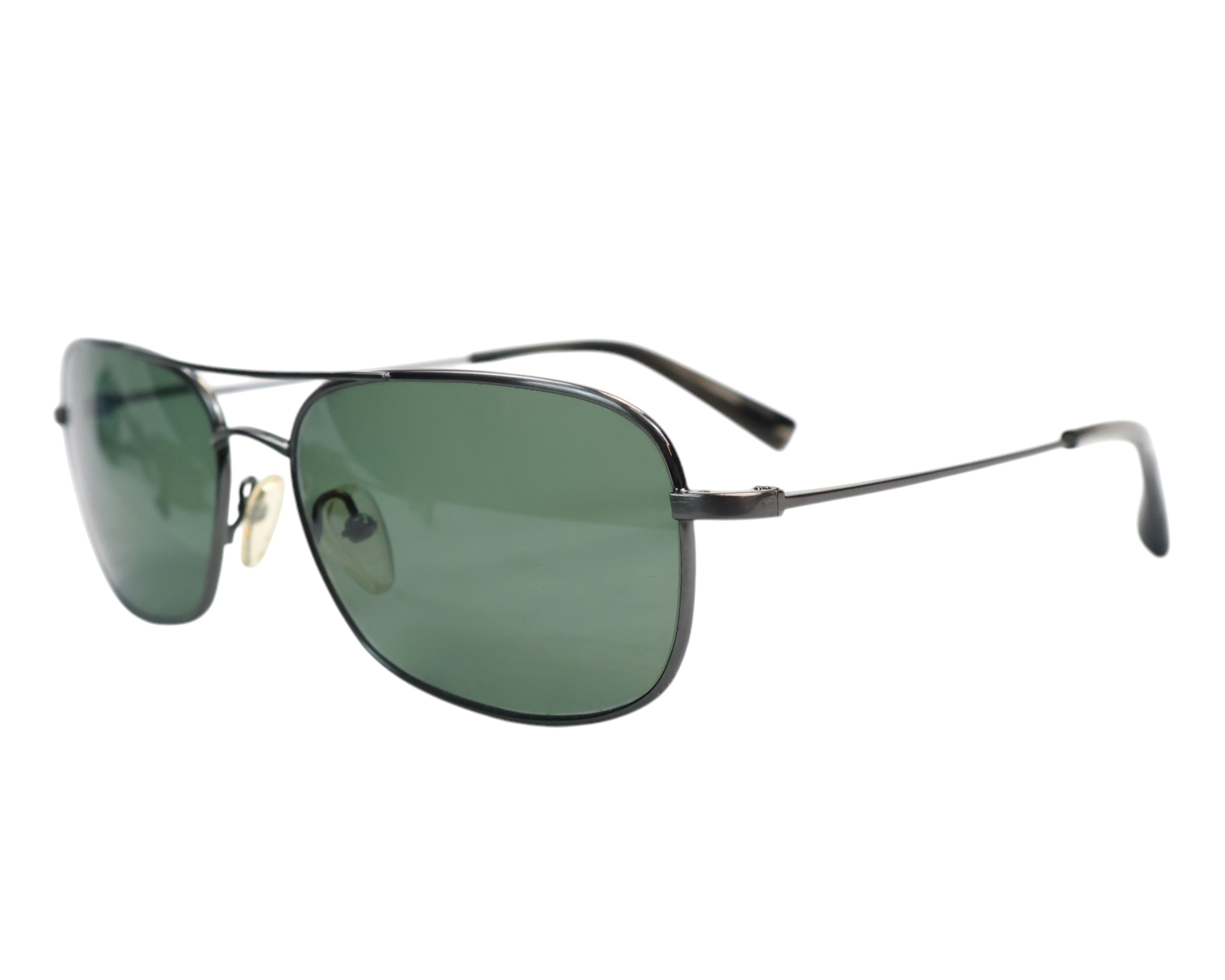 green/olive aviator sunglasses; lightweight black/graphite metal frame with slim temples and adjustable nose pads; unisex fit for tailoring, denim or streetwear; classic pilot/teardrop shades, minimal modern vibe; California independent eyewear label, handcrafted in Japan with artisanal quality; rare model.