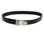 Gianni Versace black/jet-black calfskin leather belt; polished silver-tone logo clasp buckle with engraved Medusa; sleek narrow strap, unisex fit; ideal with jeans, dress trousers, or tailoring; style tags: classic, minimal, 90s/Y2K, luxury Italian glam; brand context: Italian heritage luxury house from Milan; rare vintage accessory.