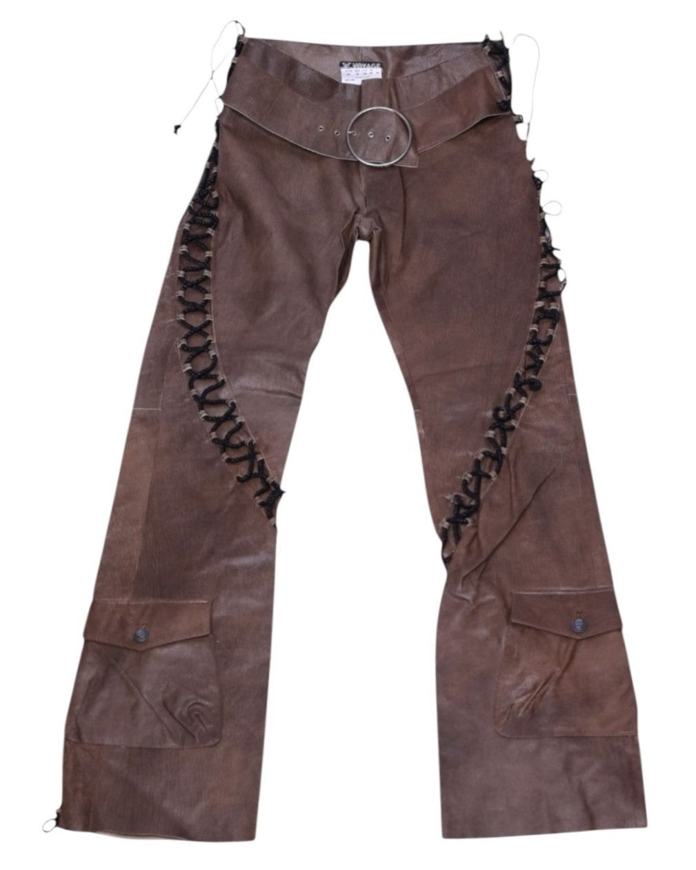 A pair of brown leather pants with lace-up details on the side. Vintage Voyage Mazzilli Michielsens brown leather trousers/pants with dramatic lace-up sides, oversized O-ring belt and flap cargo pockets near the hems; straight-to-flare leg with clean finish. Unique luxury piece, rare and statement, laid flat on a white background.