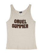 Vintage D&G Dolce & Gabbana “CRUEL SUMMER” ribbed tank top—cream/oatmeal cotton jersey with brown chenille/appliqué letters; scoop-neck sleeveless vest/singlet/camisole, fitted stretch knit; Italian designer streetwear from Milan, Y2K/2000s vibe; unisex slogan/graphic logo top, festival-ready layering piece, rare collectible.